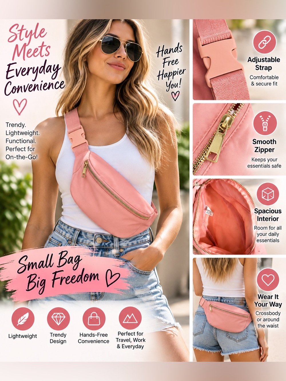 Women's Pink Crossbody Fanny Pack - Trendy Hands-Free Bag LIKE NEW